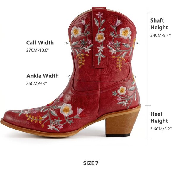 Women's Red Ankle Cowgirl Boots Flower Embroidered Square Toe Chunky Heel - Picture 6 of 8